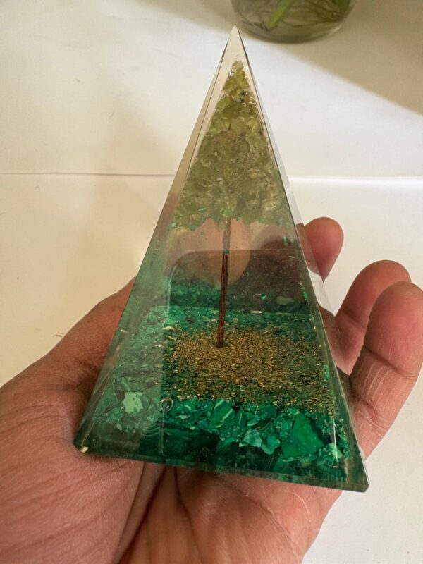 Malachite with Peridot Tree of Life Orgonite Pyramid - Image 2