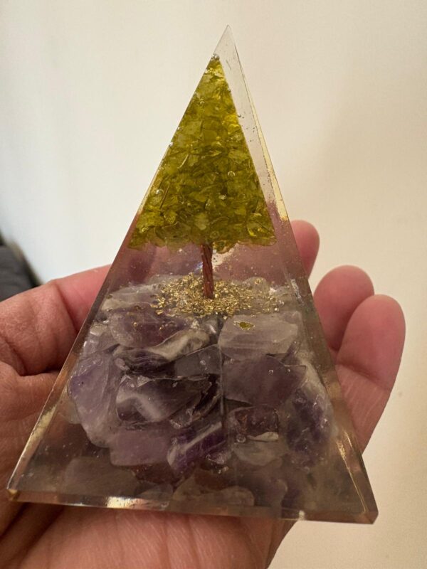 Amethyst with Peridot Tree of Life Orgonite Pyramid - Image 2