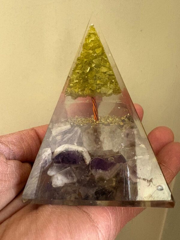 Amethyst with Peridot Tree of Life Orgonite Pyramid - Image 3