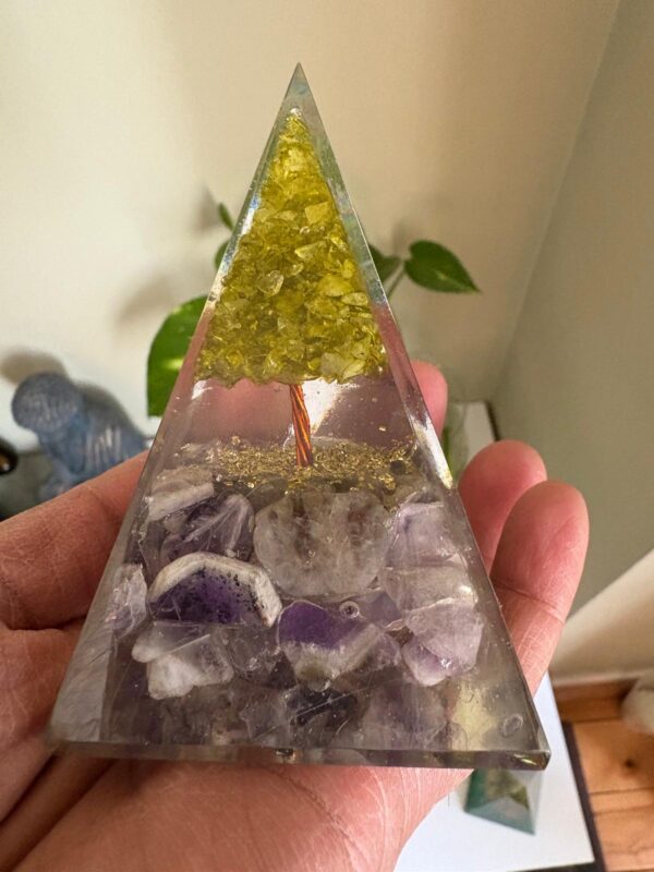 Amethyst with Peridot Tree of Life Orgonite Pyramid - Image 5