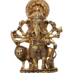 Brass Wall Hanging Drishti Ganesha, Ganesha with Lion Statue Wall Hanging