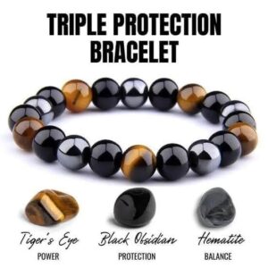 Triple Protection Bracelet: Tiger’s Eye, Black Obsidian & Hematite Beads Bracelet