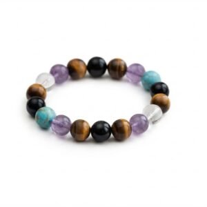 Natural 5-Stone Chakra Protection Bracelet - Tiger Eye, Black Obsidian, Amethyst, Clear Quartz & Turquoise Beads
